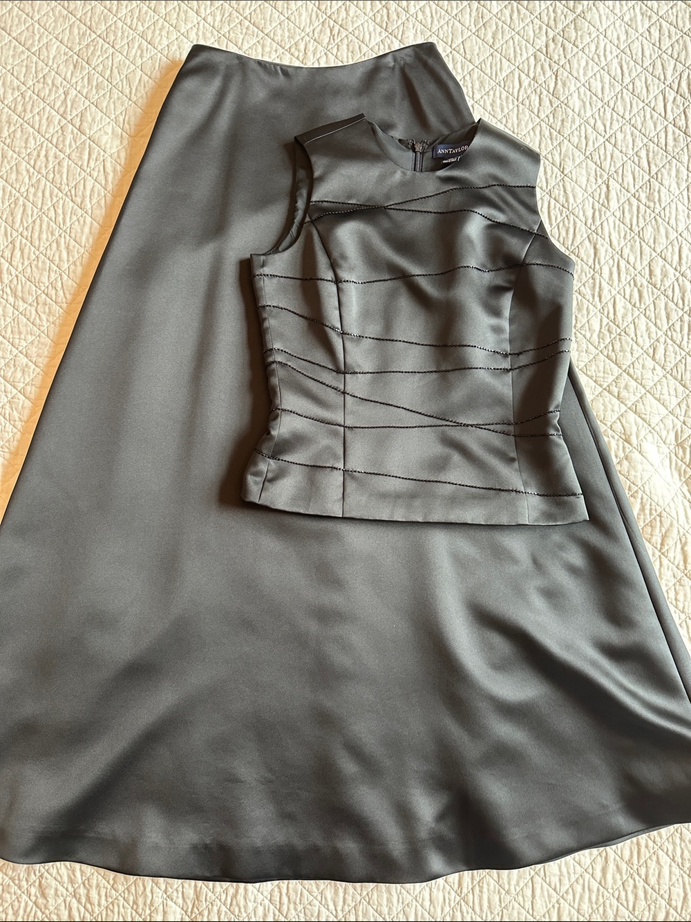 Ann Taylor Set - Black Satin Sleeveless Beaded Shell with Long Black Satin Skirt